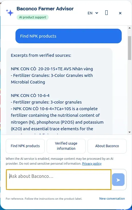 Baconco Farmer Advisor chat with a suggested NPK product question, source excerpts and an AI-provider disclosure