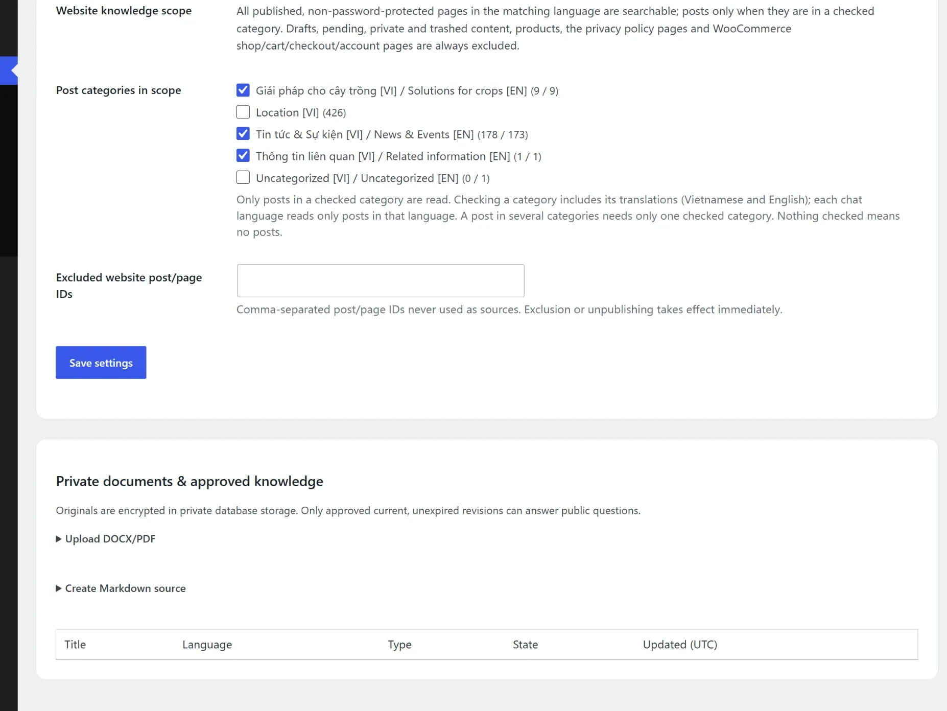 WordPress knowledge settings showing selected Vietnamese and English article categories, exclusions and approved document source controls.