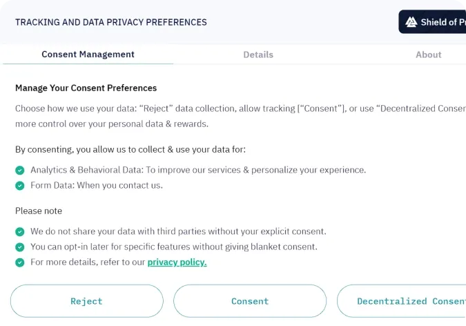 Consent preferences dialog with reject, consent and decentralized consent options.