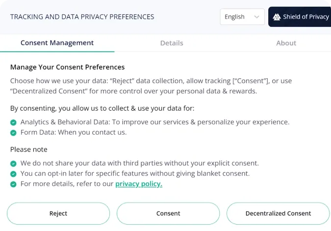 Consent preferences dialog offering reject, consent and decentralized consent options.