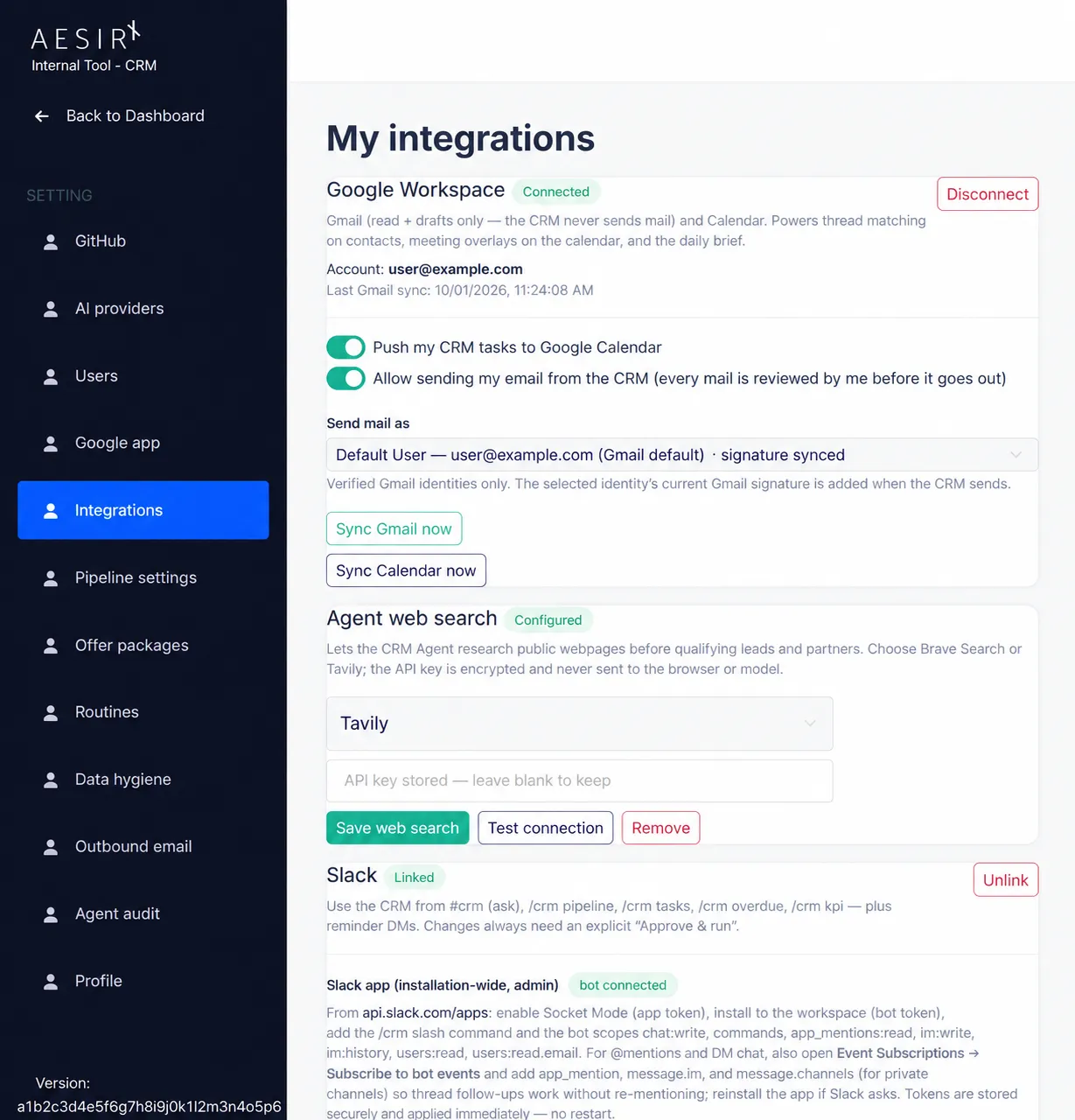 Màn hình tích hợp AesirX CRM đã bảo vệ dữ liệu cho Google Workspace, tìm kiếm web và Slack.