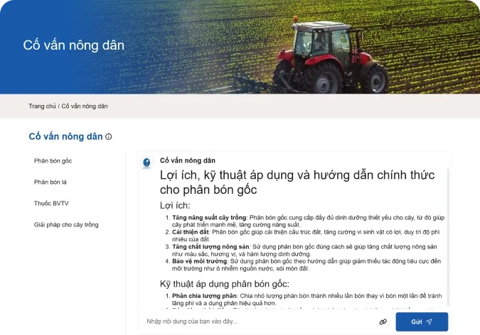 The Farmer Advisor AI interface in Vietnamese, answering a question about fertilizer use.