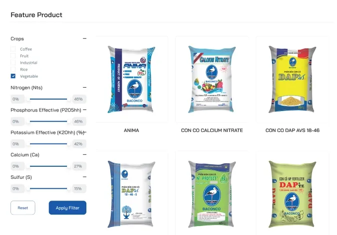 Baconco product listing with filters for crop type and nutrient content.