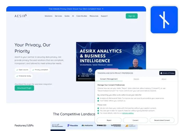The AesirX website on screen with an overlaid consent dialog.