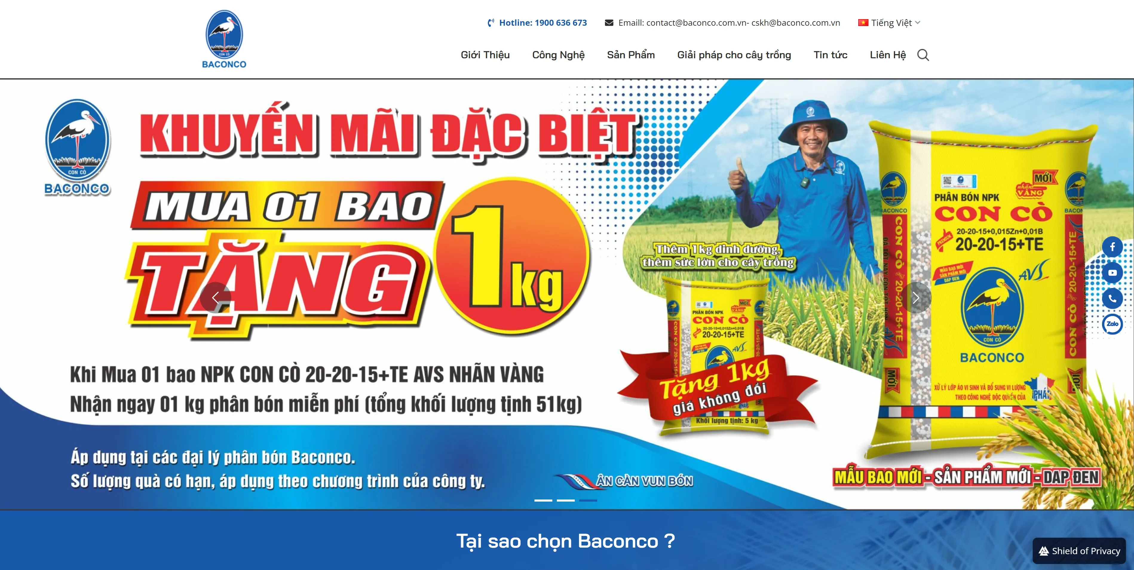 The new Baconco WordPress and WooCommerce website showing its Vietnamese navigation and product promotion.